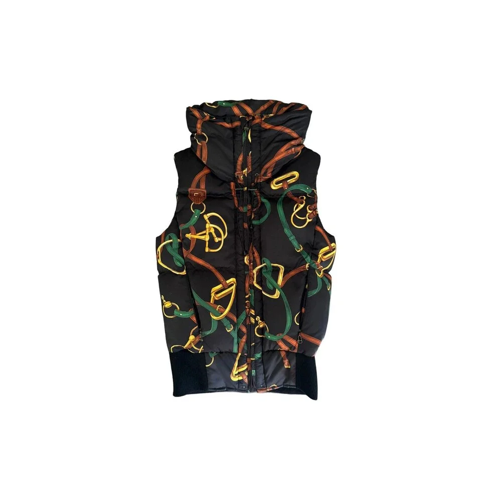 Ralph Lauren Puff Vest – Black with Horse Bit Allover Print | Vintage RL